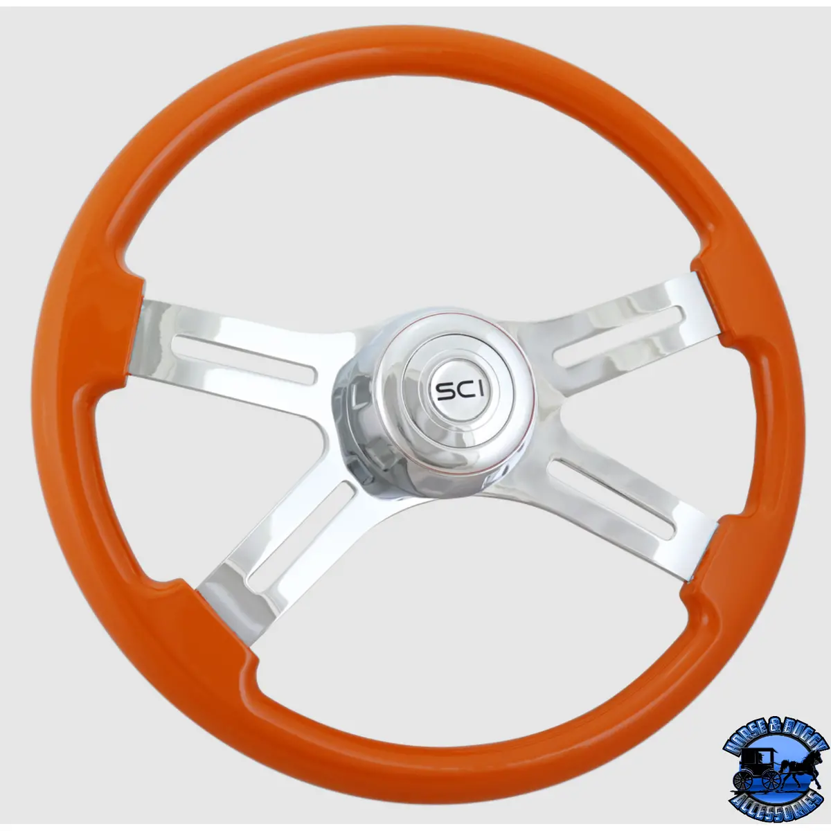 Classic Orange - 18" Painted Wood Rim, Chrome 4-Spoke W/Slot Cut Outs, Chrome Bezel, Chrome Horn Button 1
