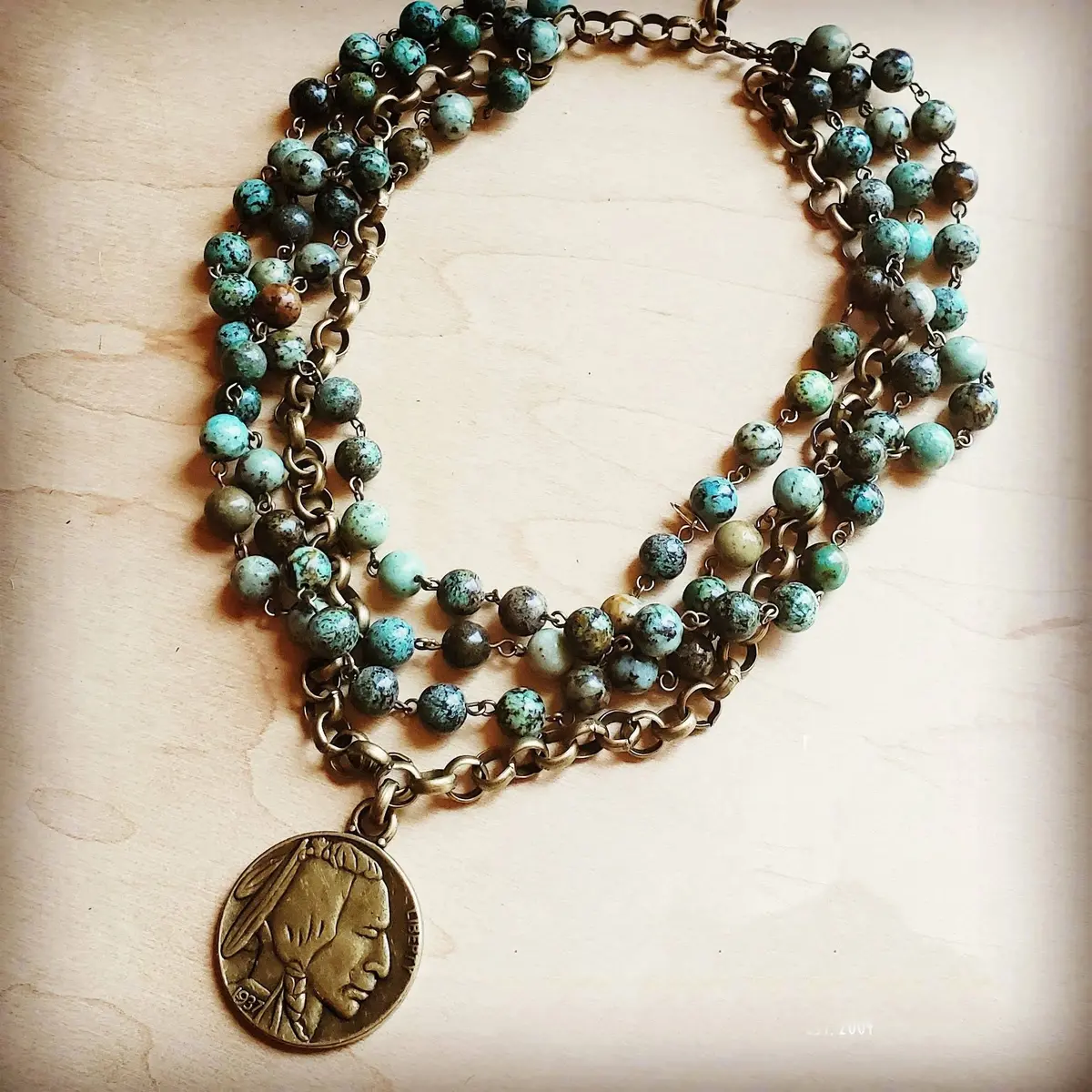 African Turquoise Collar-Length Necklace With Indian Coin 1