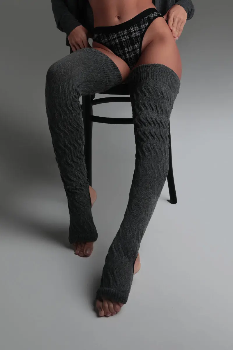 Rolling Cable Knit Thigh High Leg Warmers With Stirrups - Charcoal 1