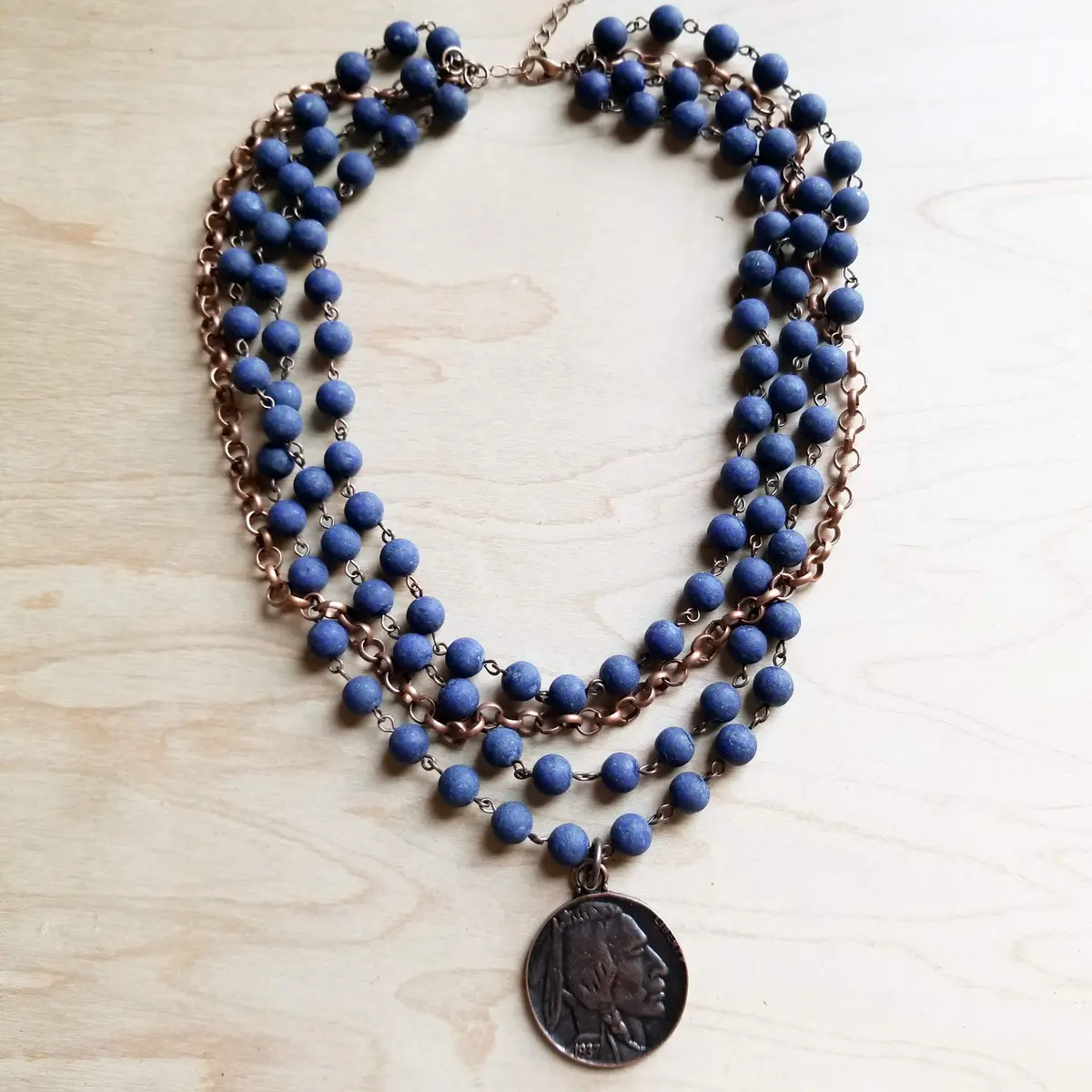 Blue Lapis Collar-Length Necklace With Copper Indian Head Coin 1