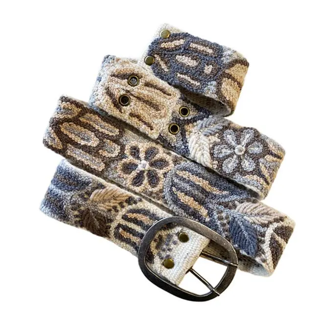 Monochromatic Embroidered Wool Belt, Cream & Gray 1