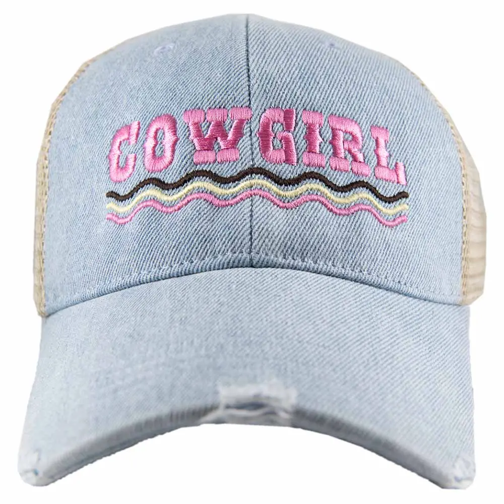 Cowgirl Spelled Out Denim Trucker Hat 1
