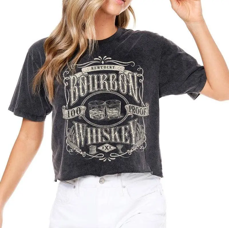 Bourbon Whiskey 100 Proof Graphic T-Shirt Washed Faux Crop Tee 1