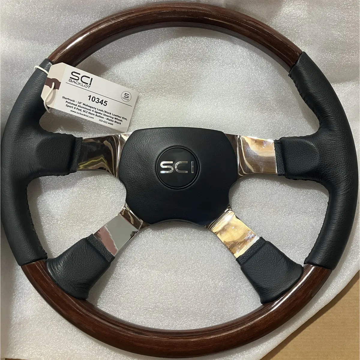 Sc-10345 Startruck - 18" Mahogany Look/Black Leather Rim, Polished Aluminum 4-Spoke, Sport 4 Pad, Sci Horn Button - Matte Black *Light Scratches* 1
