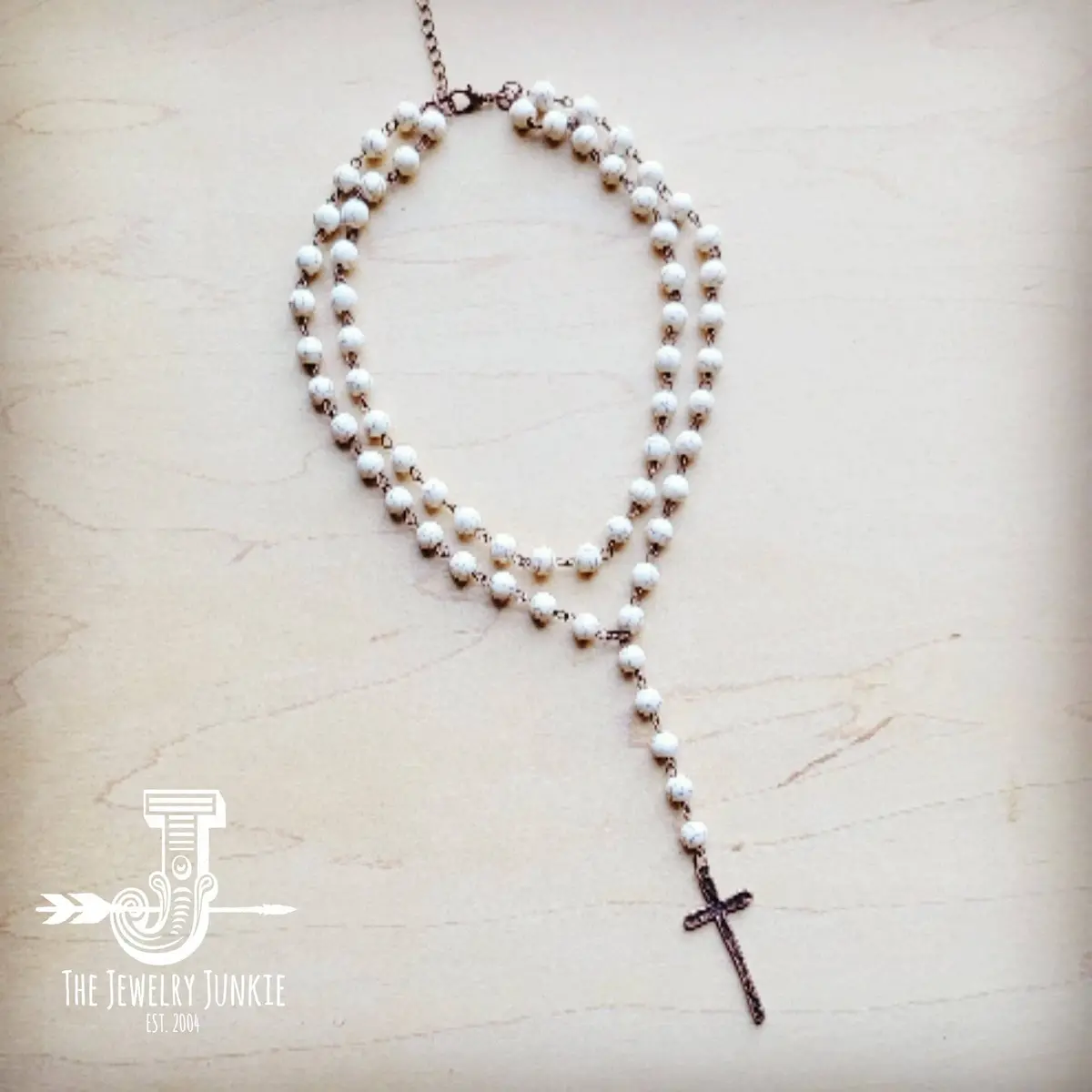Double Strand Lariat White Turquoise Necklace Wit Cross Charm 1