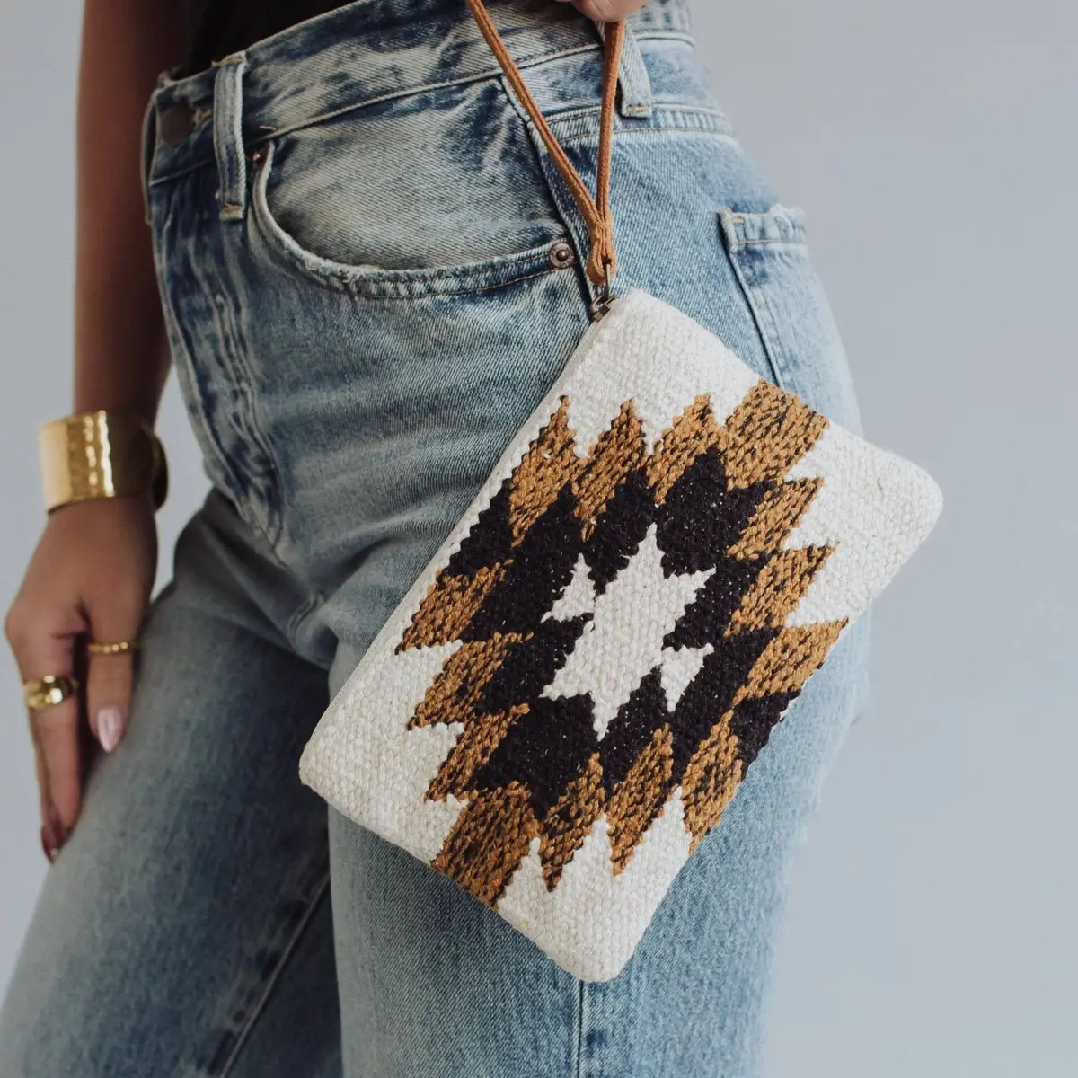 Black, White & Brown Aztec Wristlet 1