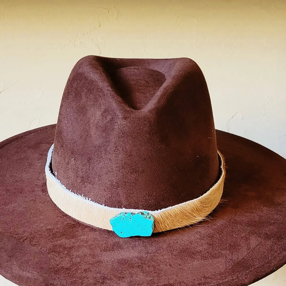 Light Hair On Hide Leather Hat Band With Turquoise Slab 1