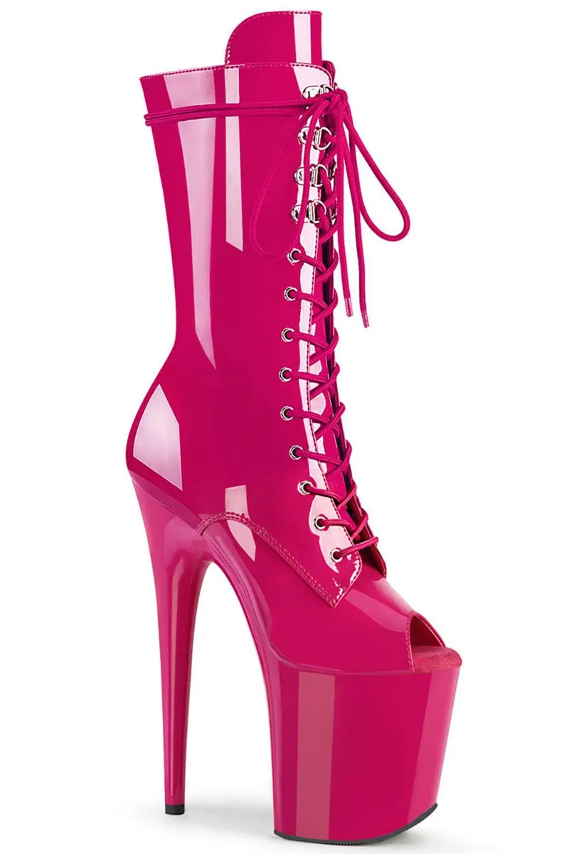 Pleaser Usa Flamingo-1051 8Inch Peep Toe Boots - Patent Hot Pink 1