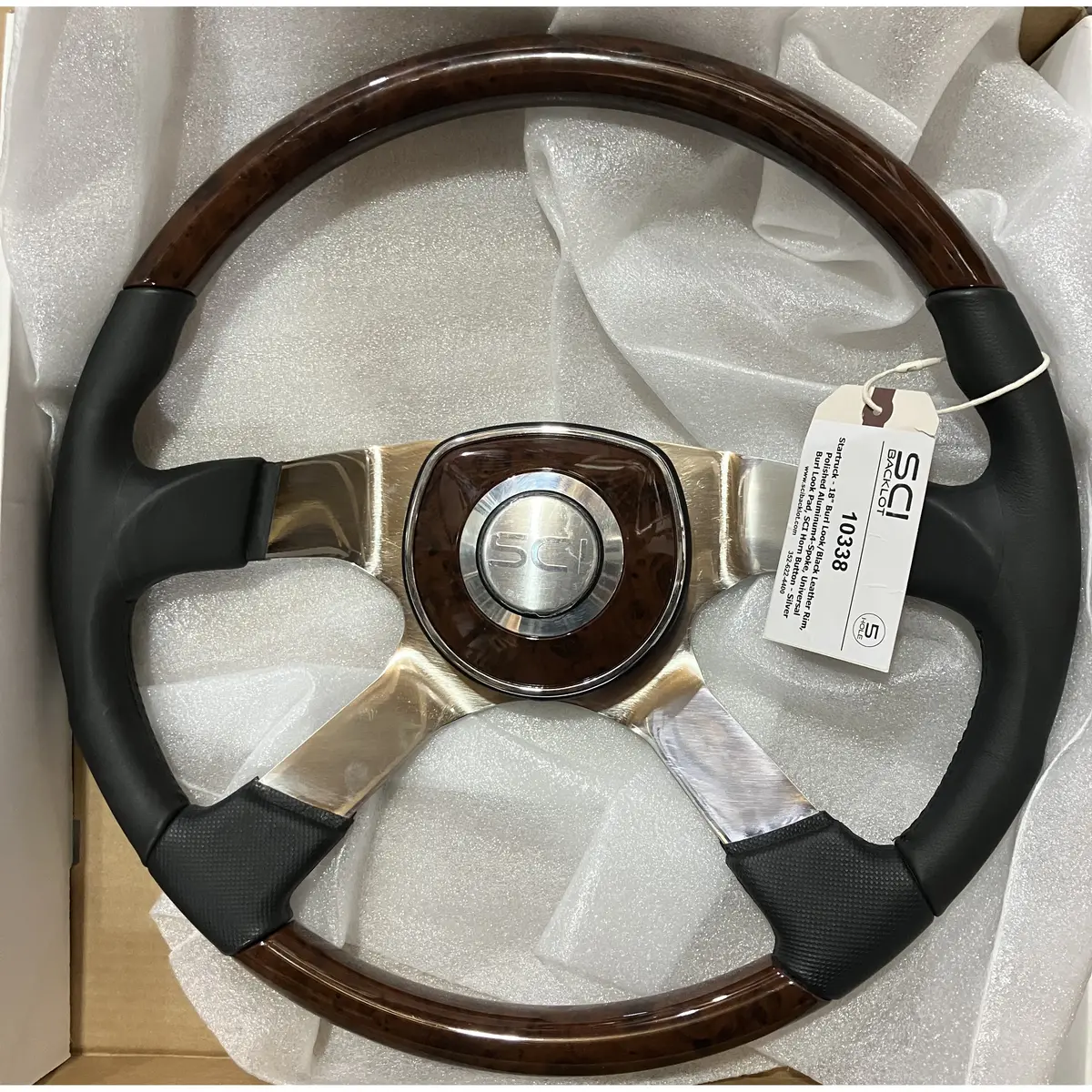 Sc-10338 Startruck - 18" Burl Look/Black Leather Rim, Polished Alum 4-Spoke, Universal Burl Look Pad, Sci Horn Button - Silver 1