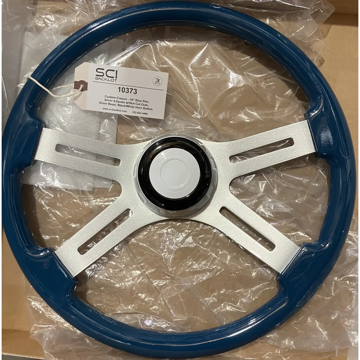 Sc-10373 Custom Classic - 18" Blue Rim, Silver 4-Spoke W/Slot Cut Outs, Silver Bezel, Black/White Horn Button 1