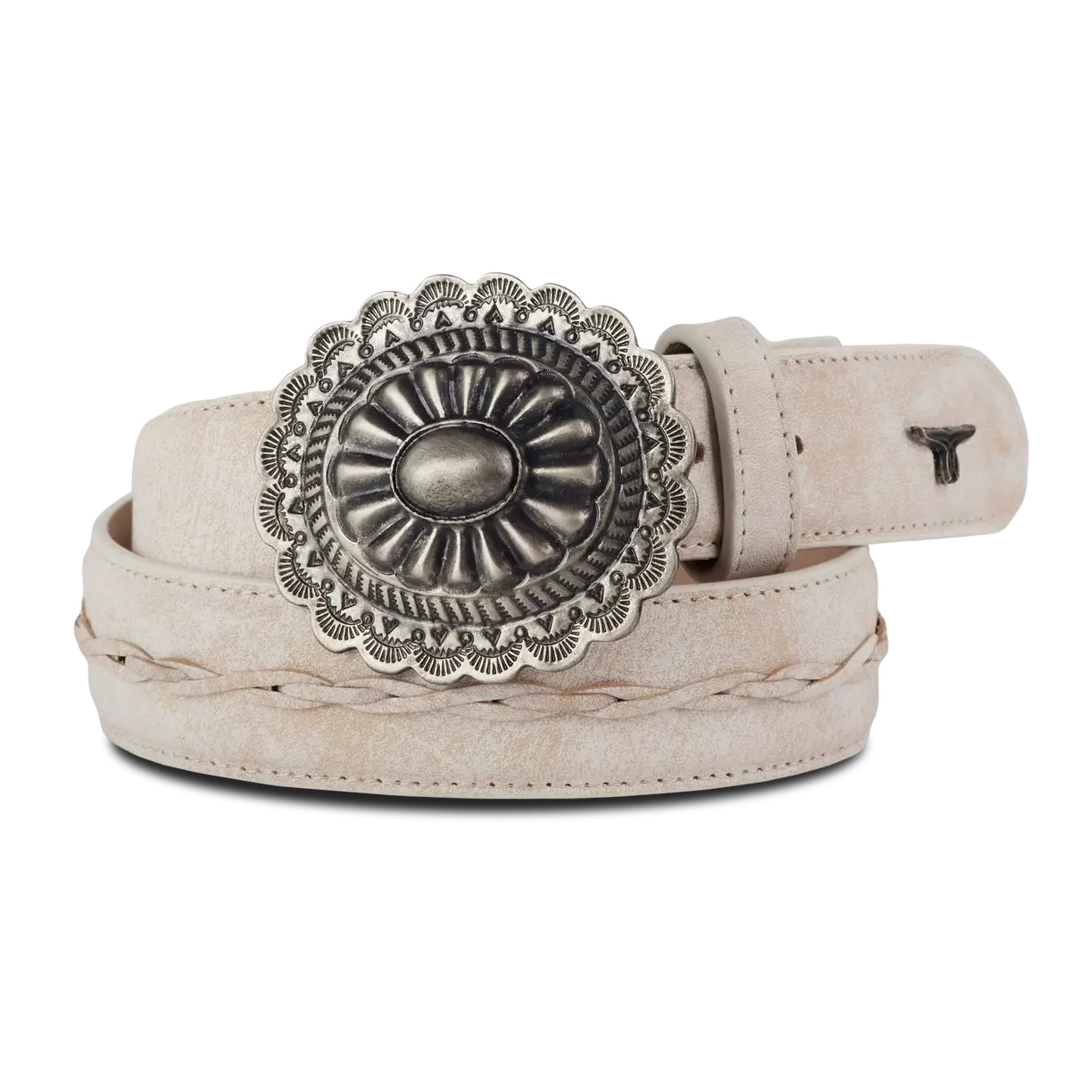 Lane White Woven Laced 1.5" Leather Belt With Round Buckle Ceramic Crackle 1