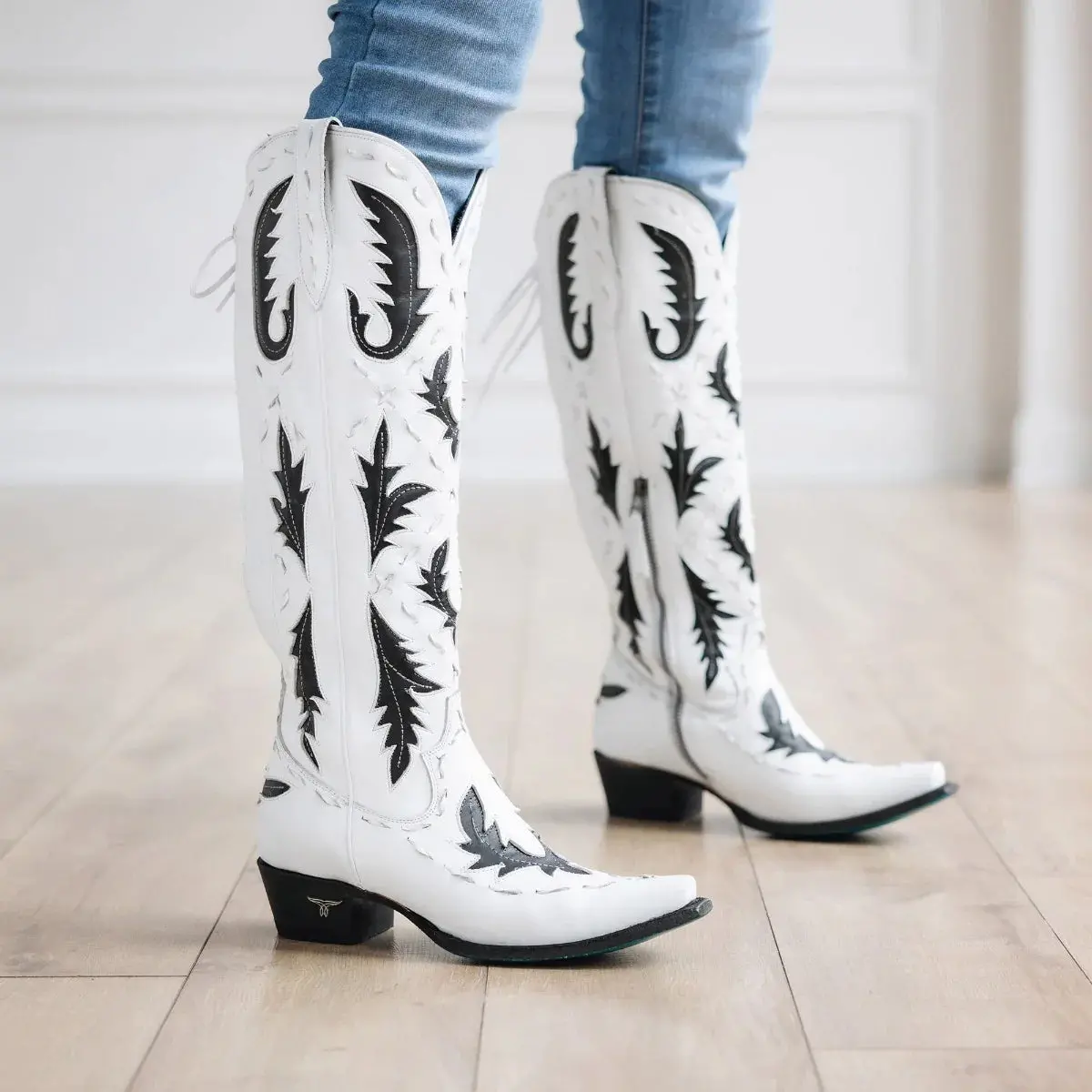 Reverie Newsprint Knee High Tall Snip Toe Black & White Cowboy Boots | Bourbon Cowgirl 1