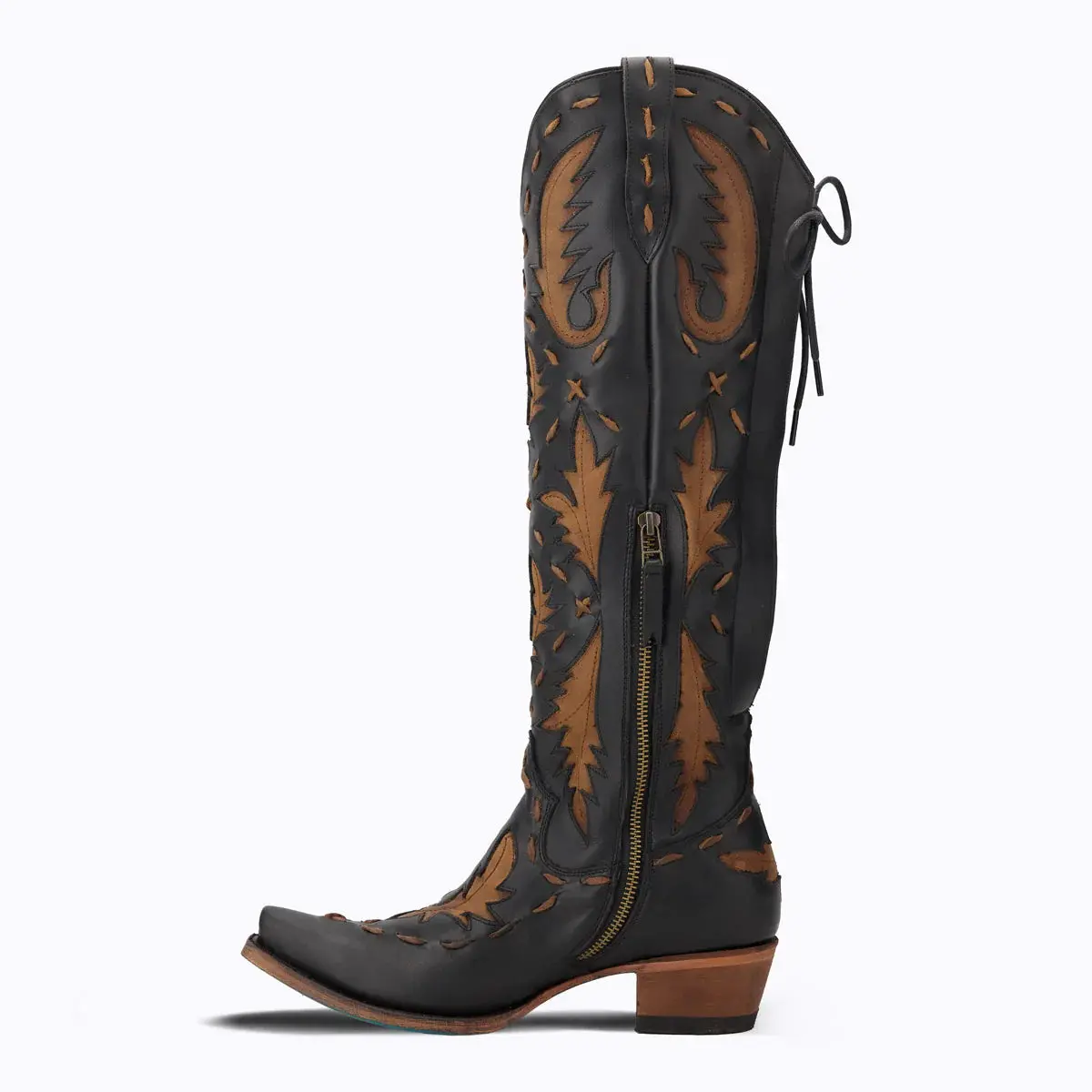 Reverie Knee High Tall Snip Toe Black & Brown Cowboy Boots| Bourbon Cowgirl 6