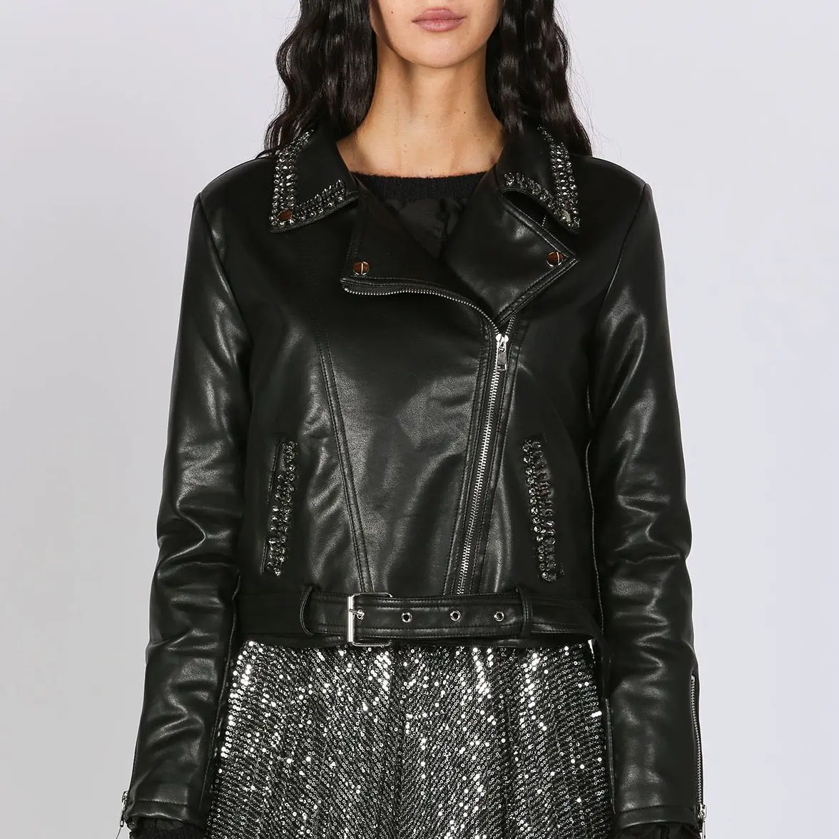 Rhinestones Embellished Vegan Leather Biker Jacket At Bourbon Cowgirl 1