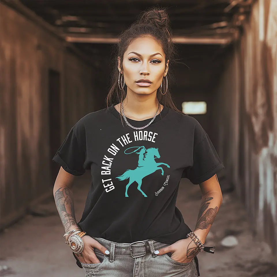 Get Back On The Horse Black Graphic Tee Shirt - Bourbon Cowgirl 1