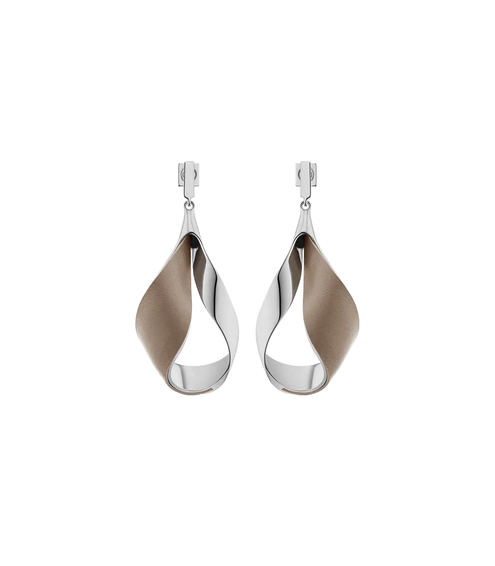 Ormé Pendant Earrings - Silver In Rhodium With Taupe Leather 1