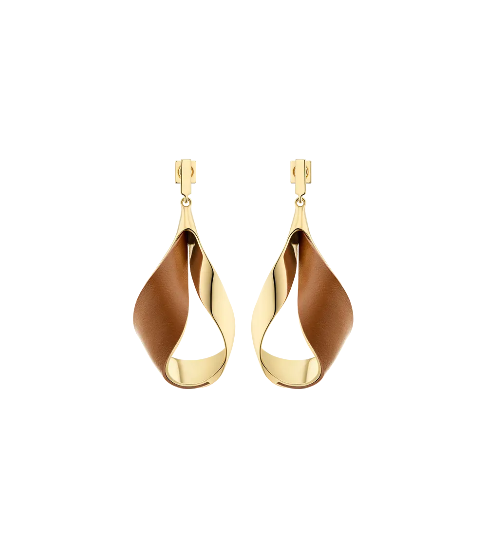 Ormé Pendant Earrings - Gold Gilded With Camel Leather 1
