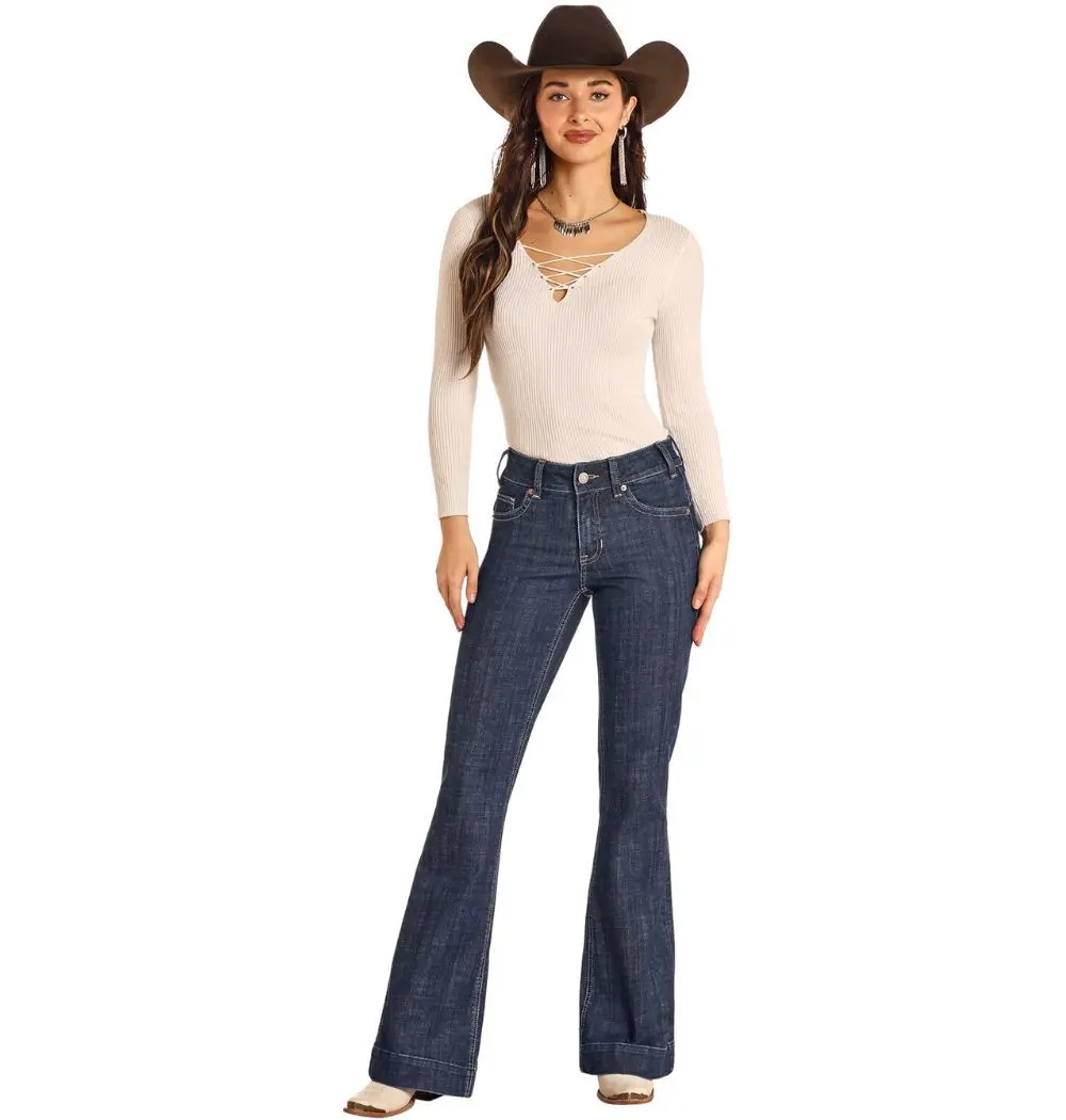 Rock & Roll Denim Women's Diamond Belt Loop Mid Rise Dark Wash Trouser 1