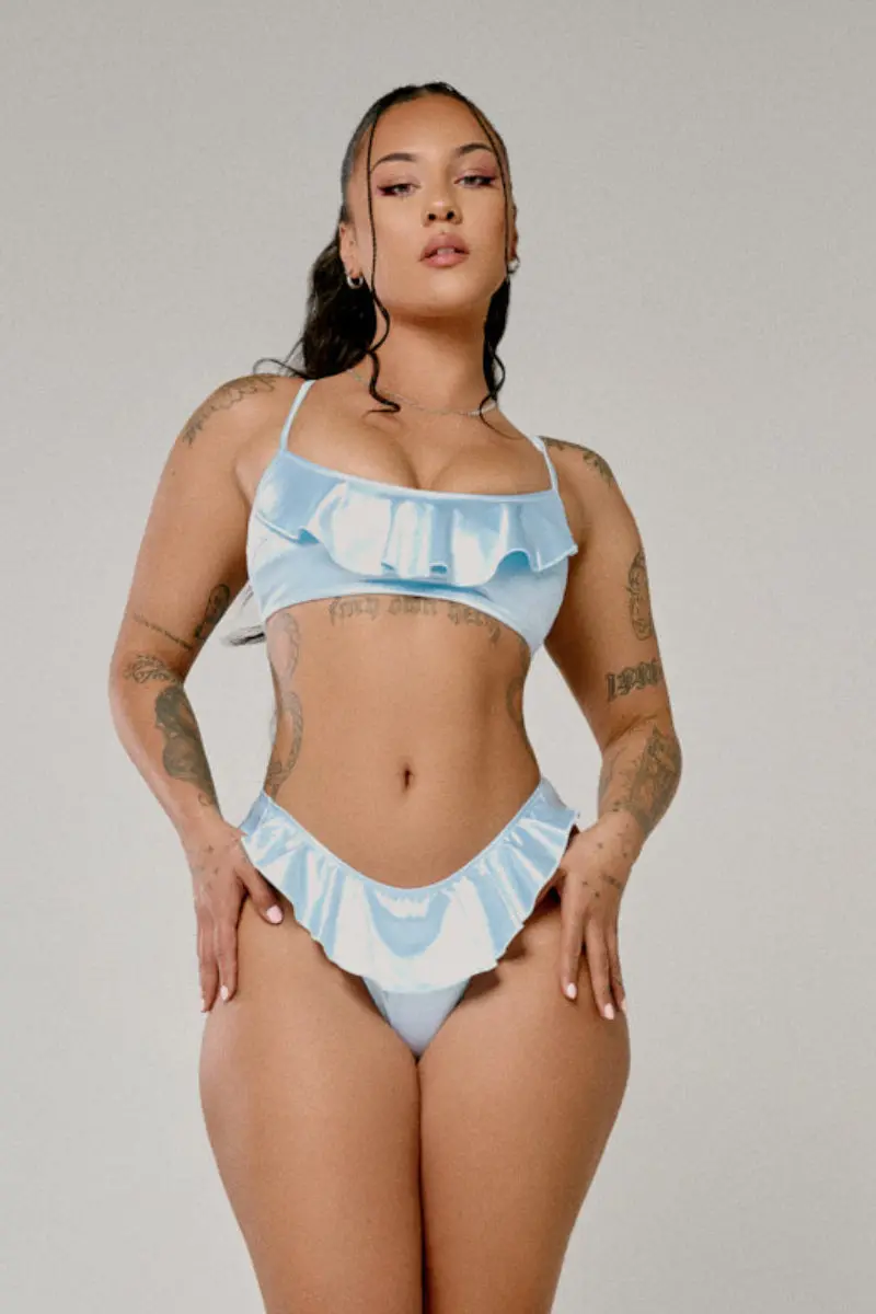 Cxix X Hoah Pillowtalk Ruffle Scoop Top - Blue Satin 1