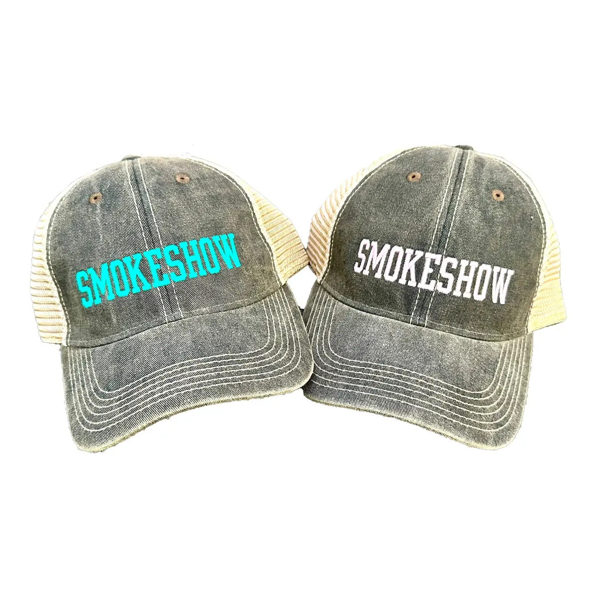 Smokeshow Trucker Hat Distressed Black Embroidered Pink Or Aqua 1