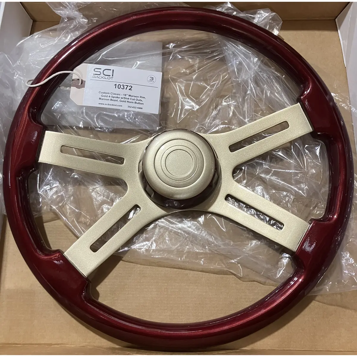 Sc-10372 Custom Classic - 18" Maroon Rim, Gold 4-Spoke W/Slot Cut Outs, Maroon Bezel, Gold Horn Button 1
