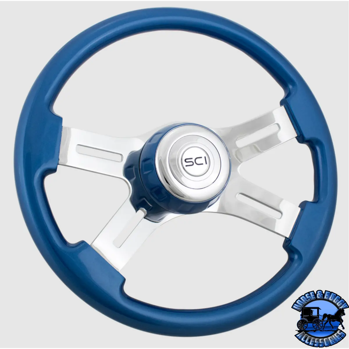 508-3081-77502 Steering Creations 16" Classic Blue Painted Wood Rim, Chrome 4-Spoke W/Slot Cut Outs, Blue Bezel Wheel 1