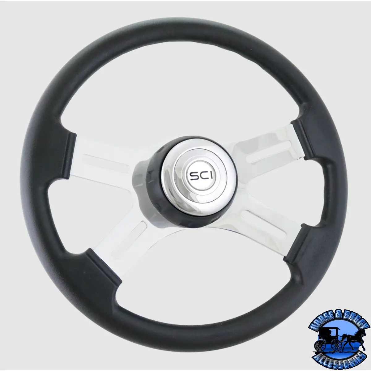 #181-3015-77502 Steering Creations 16" Polyurethane Rim, Chrome 4-Spoke W/Slot Cut Outs, Black Textured Bezel Wheel 1