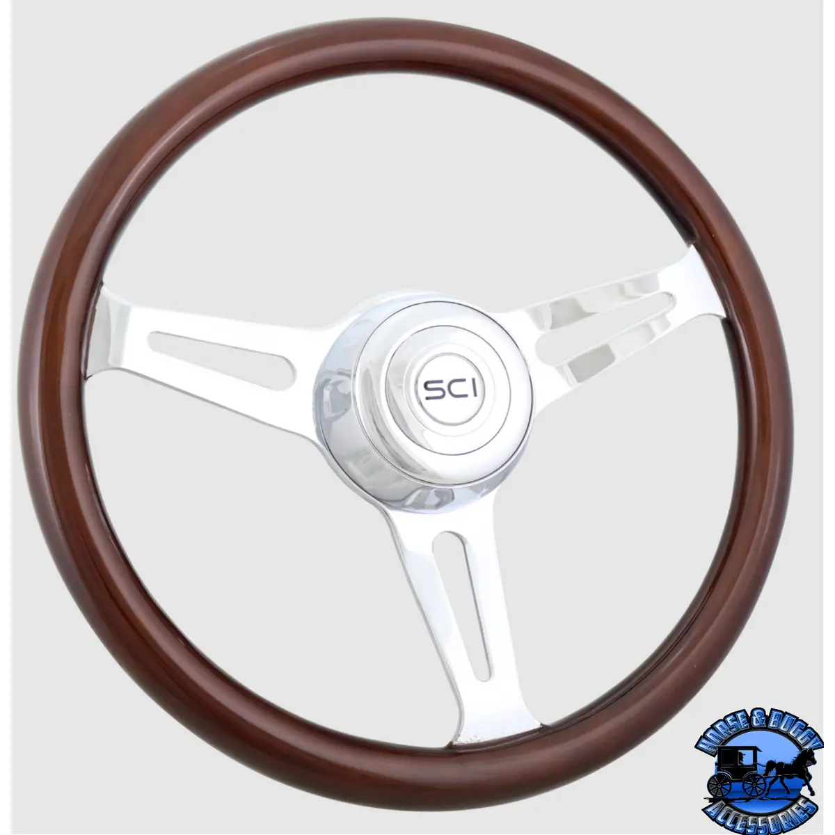 225-3003-77502 Steering Creations 16" Dart Wood Rim, Chrome 3-Spoke W/Slot Cut Outs, Chrome Bezel Wheel 1