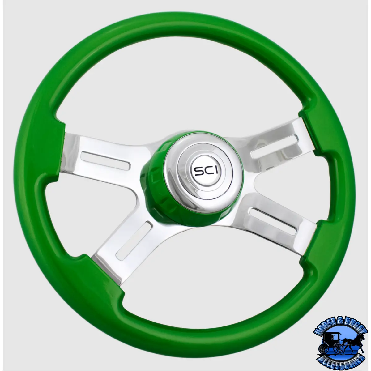 505-3077-77502 Steering Creations 16" Classic Green Painted Wood Rim, Chrome 4-Spoke W/Slot Cut Outs, Green Bezel Wheel 1
