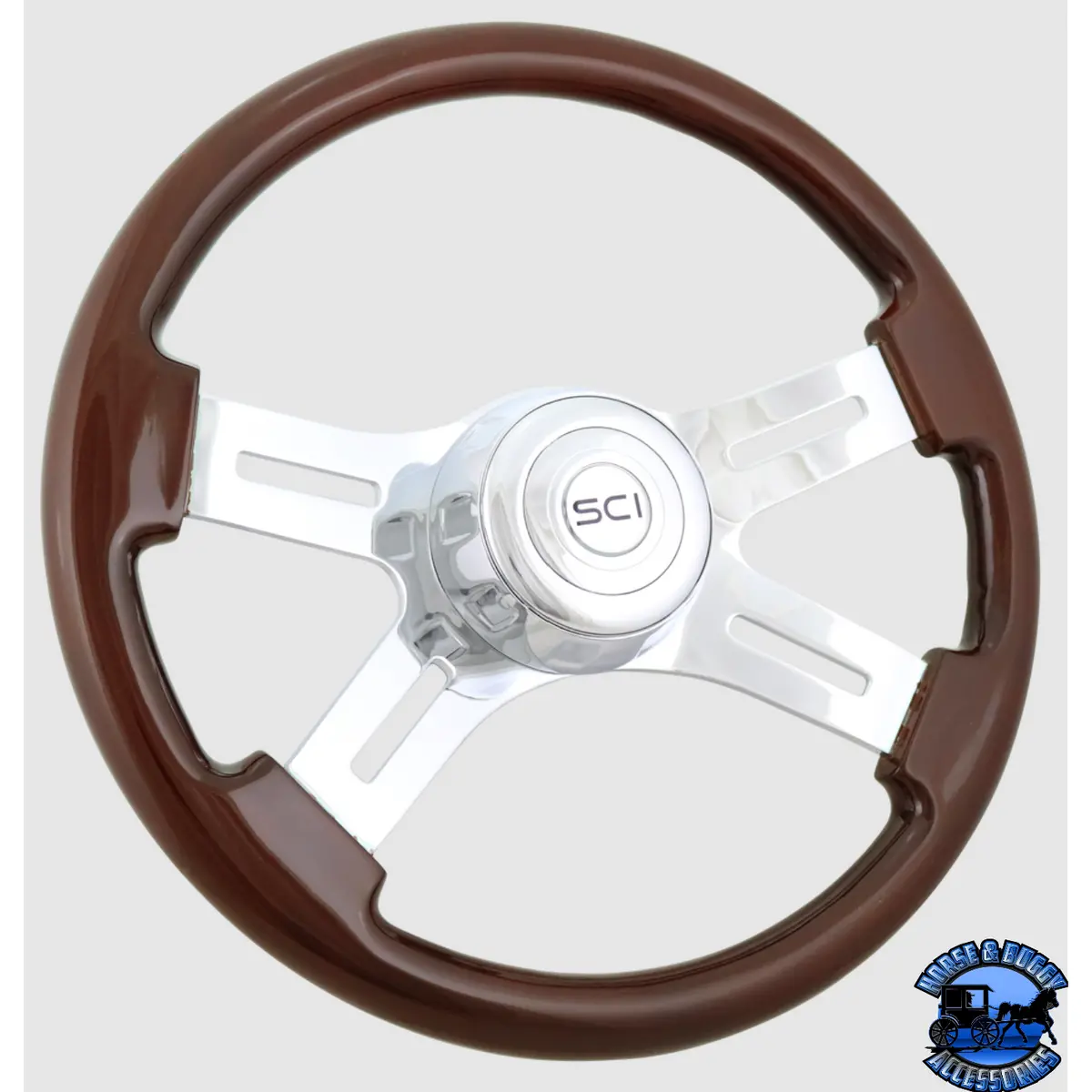 261-3003-77502 Steering Creations 16'' Classic Mahogany Chrome 4-Spoke W/Slot Cut-Outs Wheel 1