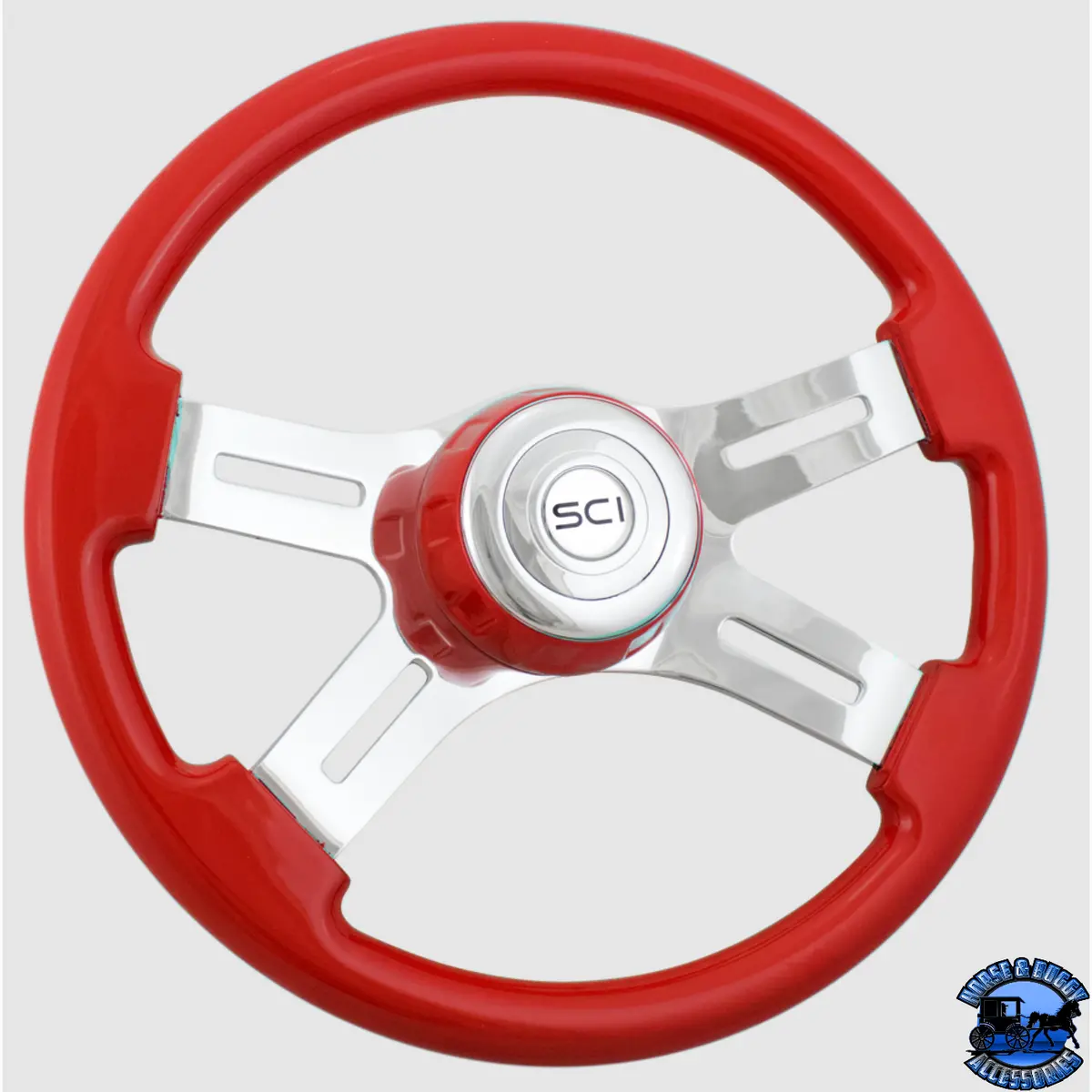 #532-3062-77502 Steering Creations 16" Classic Viper Red Painted Wood Rim, Chrome 4-Spoke W/Slot Cut Outs Wheel 1