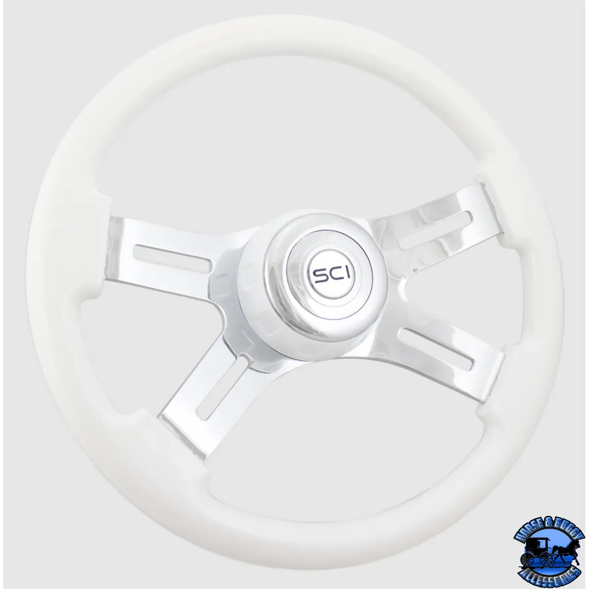 544-3085-77502 Steering Creations 16" Classic White Painted Wood Rim, Chrome 4-Spoke W/Slot Cut Outs, White Bezel Wheel 1