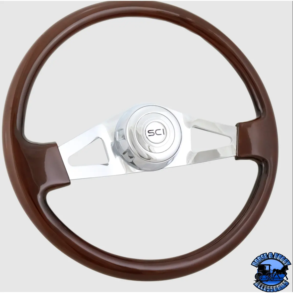 275-3003-77502 Steering Creations 18'' Pinion Mahogany Wood Chrome 2-Spoke W/ Cutouts Wheel 1