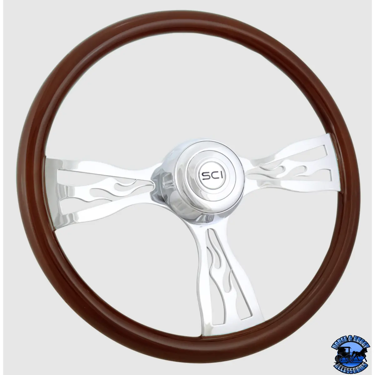 276-3003-77502 Steering Creations Blaze  18" Wood Rim Chrome 3-Spoke W/Cut Outs Wheel 1