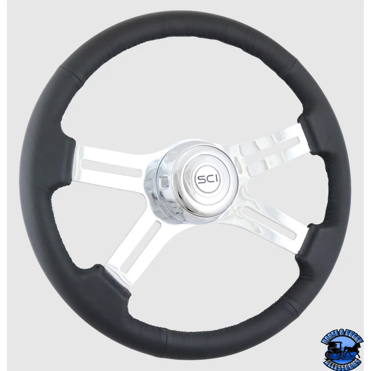 380-3003-77502 Steering Creations Classic Leather 18" Black Leather Rim Chrome 4-Spoke Wheel (3-Hole) 1