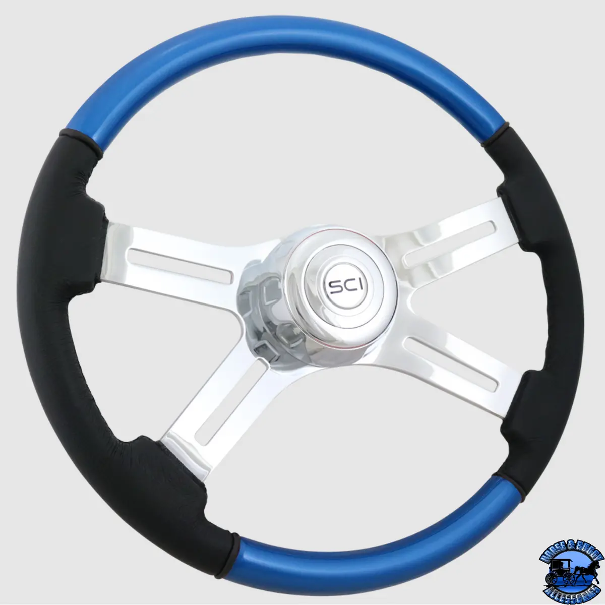 Steering Creations Classic Combo Blue - 18" Wood & Leather Rim 4-Spoke Wheel (3-Hole) 1