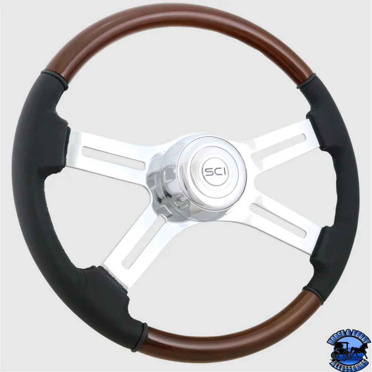 480-3003-77502 Steering Creations Classic Combo Wood And Leather 18" 4-Spoke Wheel (3-Hole) 1