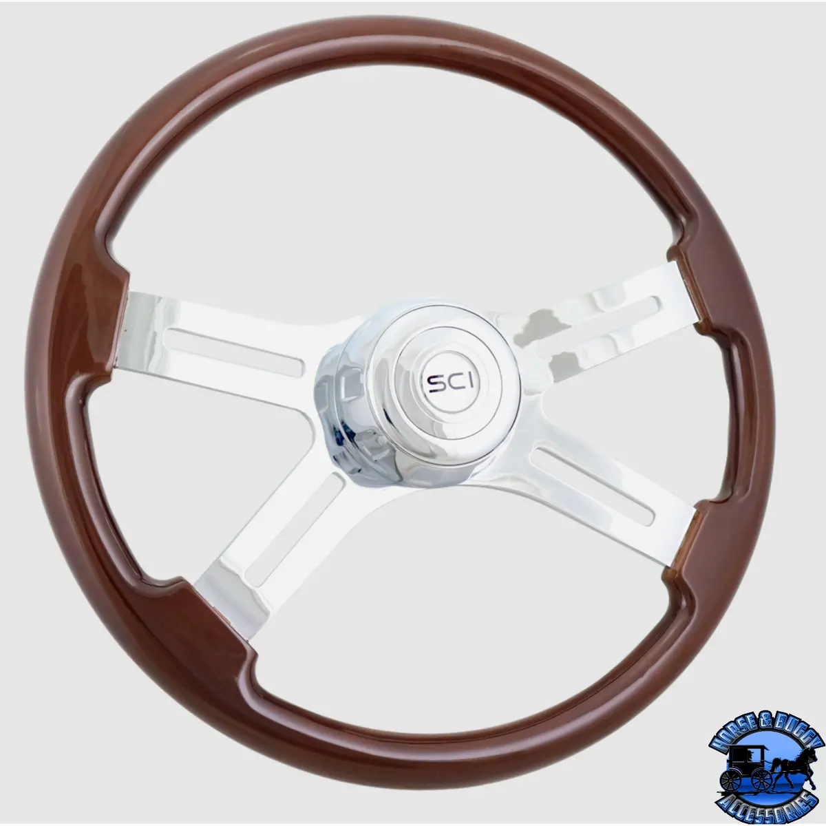 280-3003-77502 Steering Creations 18'' Classic Mahogany Wheel 4-Spoke W/ Chrome Cut-Outs 1
