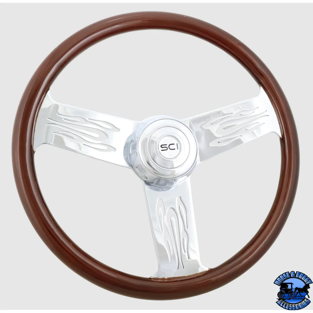 278-3003-77502 Steering Creations Flames Mahogany 18" Wood Rim Chrome 3-Spoke W/Flame Cut Outs Wheel 1