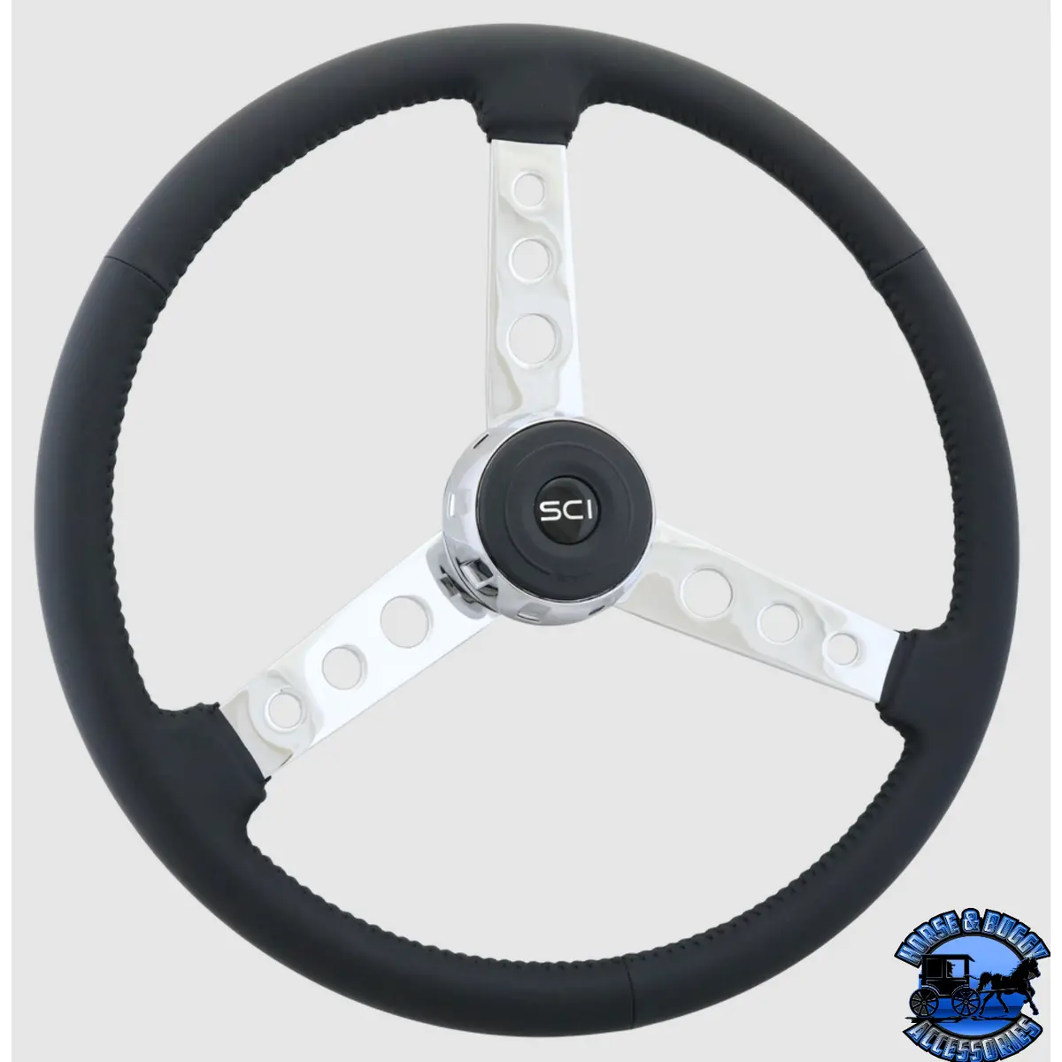 359-3053-77004 Steering Creations "Old School" 20" Black Leather Rim Chrome 3-Spoke W/Round Cut Outs Wheel 1