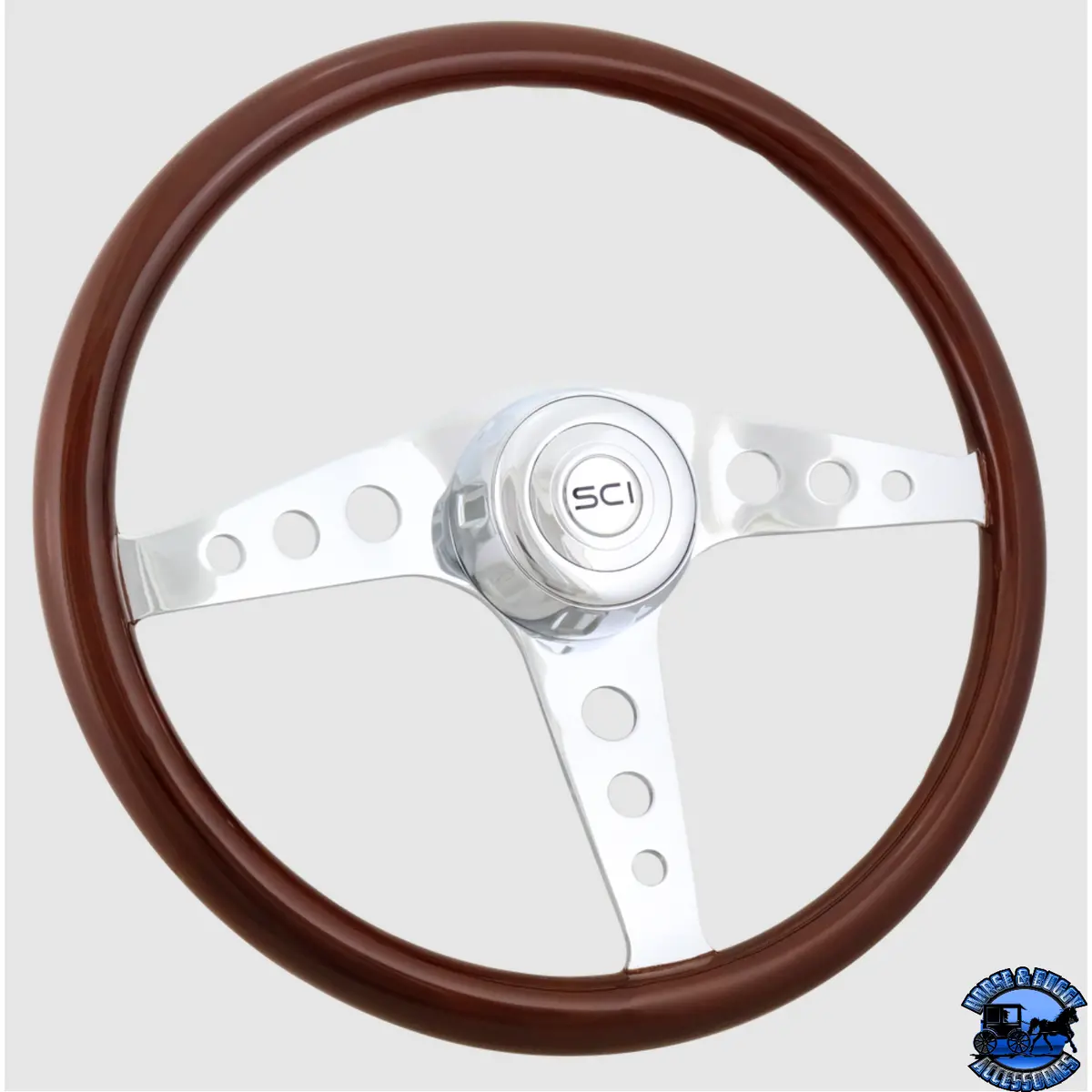277-3003-77502 Steering Creations 18'' Racer Mahogany Rim Chrome 3-Spoke Steering Wheel W/ Round Cut Outs 1