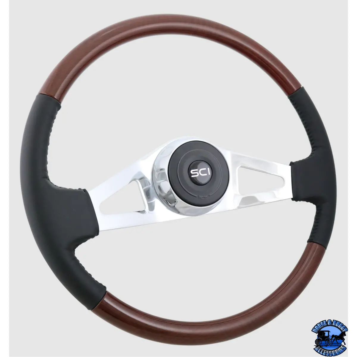 402-3003-77502 Steering Creations Royal 18" Black Leather & Burl Look Rim 2-Spoke Wheel (3-Hole) 1
