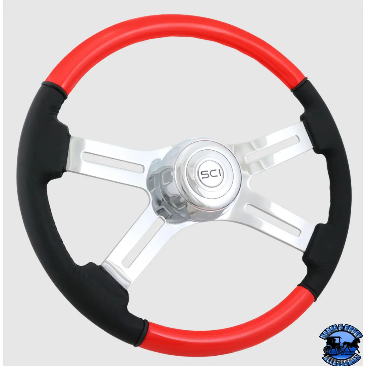 Steering Creations Classic Combo Viper Red 18" Wood & Leather Rim 4-Spoke Wheel (3-Hole) 1
