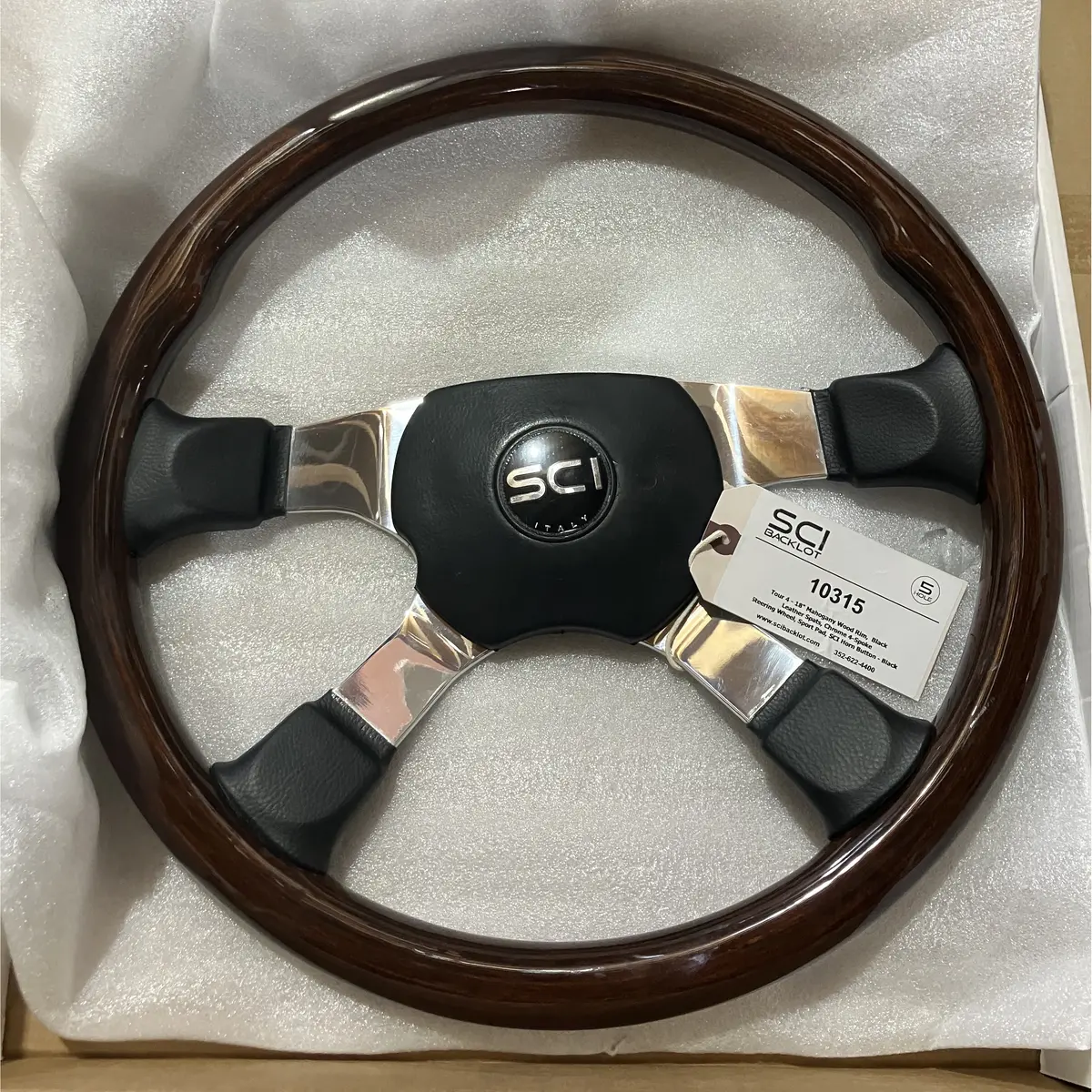 Sc-10315 Tour 4-18" Mahogany Wood Rim, Black Leather Spats, Chrome 4-Spoke Steering Wheel, Sport Pad, Sci Horn Button - Black 1