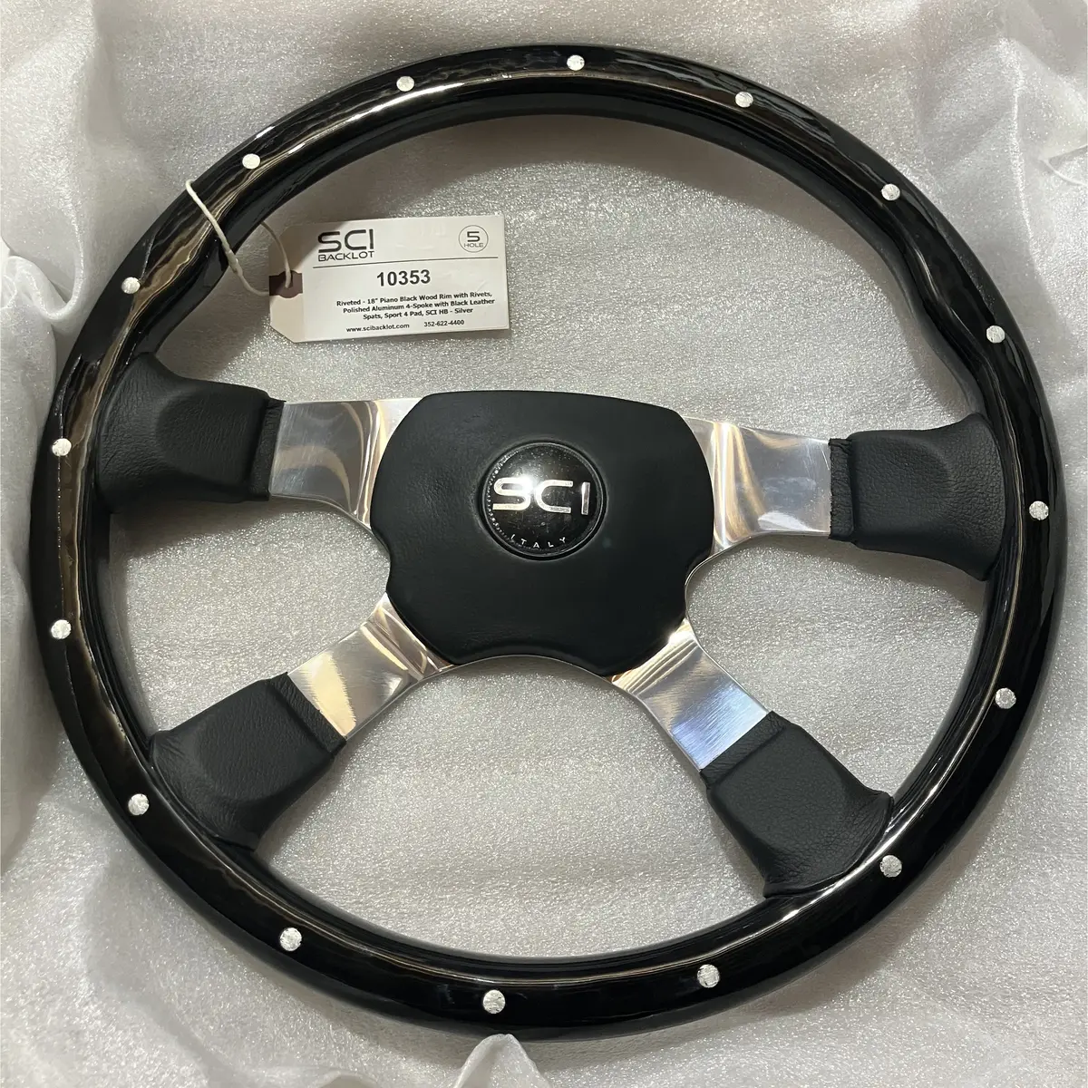 Sc-10353 Riveted - 18" Piano Black Wood Rim With Rivets, Polished Aluminum 4-Spoke With Black Leather Spats, Sport 4 Pad - Silver 1