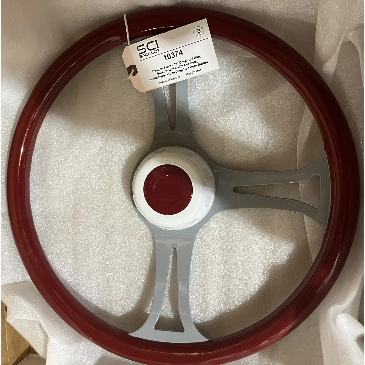 Sc-10374 Custom Saber - 18" Deep Red Rim, Silver 3-Spoke With Cut Outs, White Bezel, White/Deep Red Horn Button 1