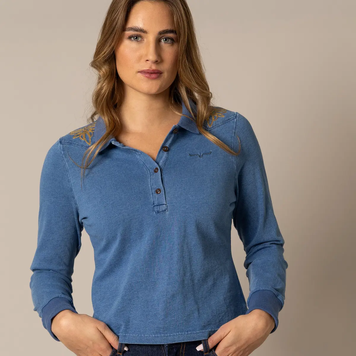 Bluebell Long Sleeve Polo Shirt By Kimes Ranch In Indigo 1