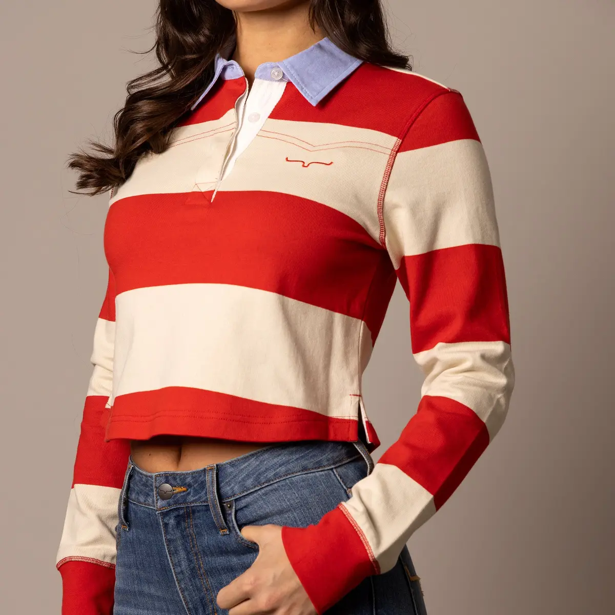Jamila Crop Polo Shirt By Kimes Ranch In Red Stripes 1
