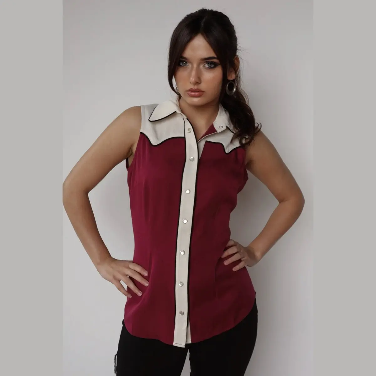 Atlanta Women's Sleeveless Shirt By H Bar C - Wine & Off White 1