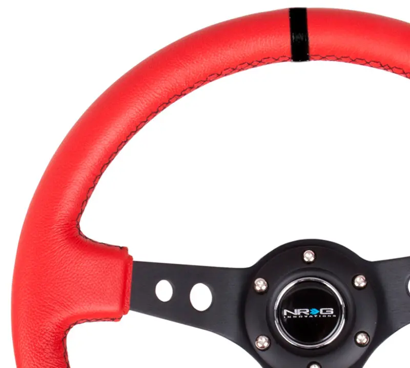 Nrg Reinforced Steering Wheel (350Mm / 3In. Deep) Red Suede W/Blk Circle Cutout Spokes 1